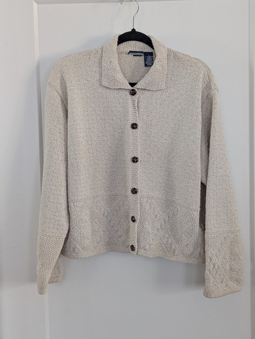 Vtg LIZ SPORT Cardigan Cream Sweater Preppy Buttons L Grannycore Cottagecore